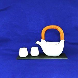 Teapot Wood Handle 2 Small Cups Red Envelope Slate Serving Tray Vintage Decor